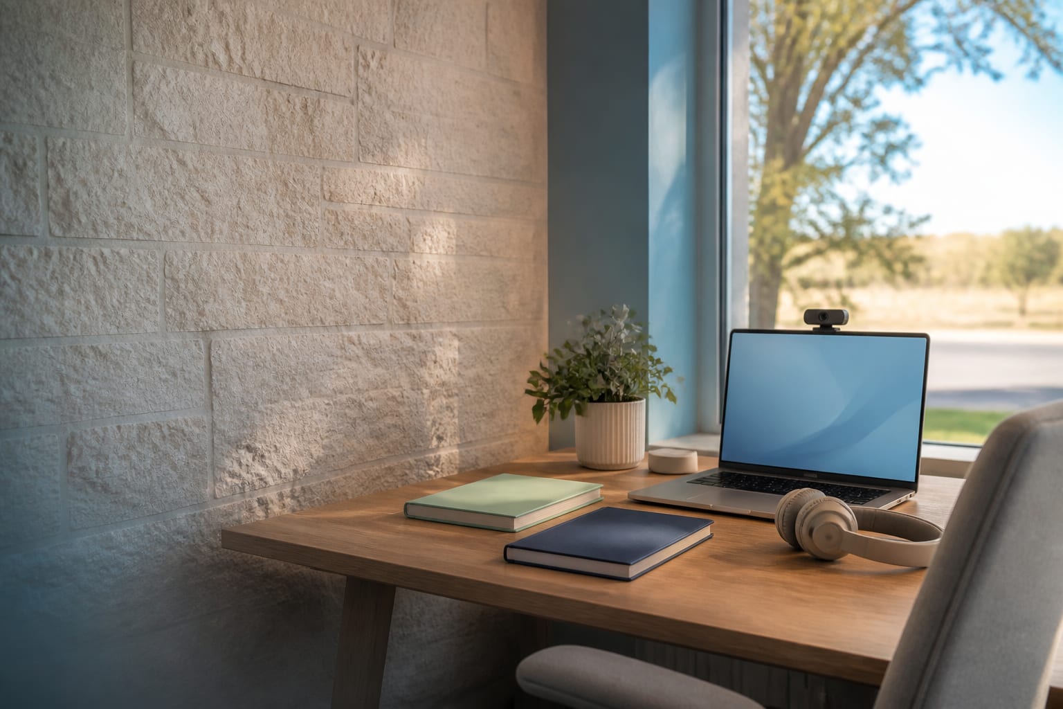 A laptop, headphones, and closed notebooks arranged for an online appointment on a warm wood desk beside a sunlit window.